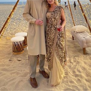 Saree Sari Indian Clothes Lengha Choli Dupatta Three Piece Gold Animal Print